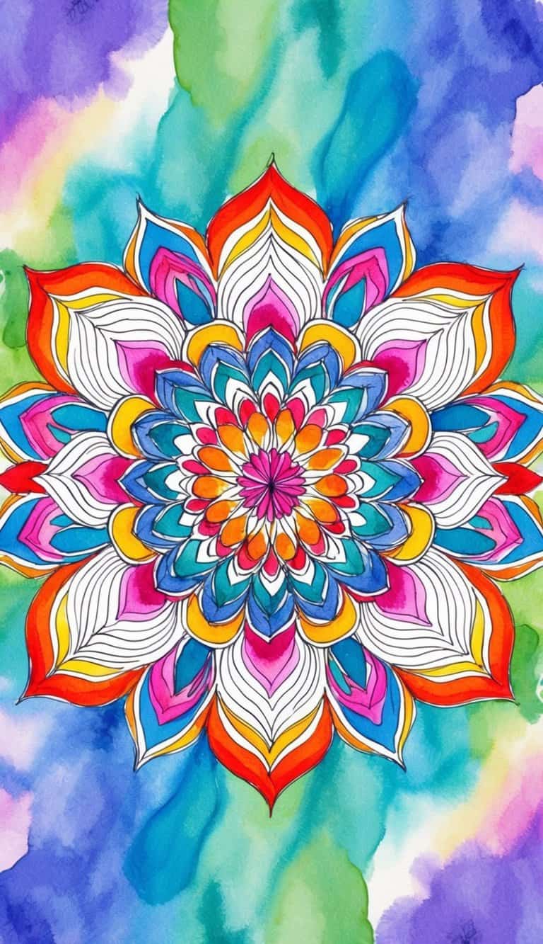 A colorful mandala with rainbow patterns, set against a vibrant background, suitable for iPhone wallpapers