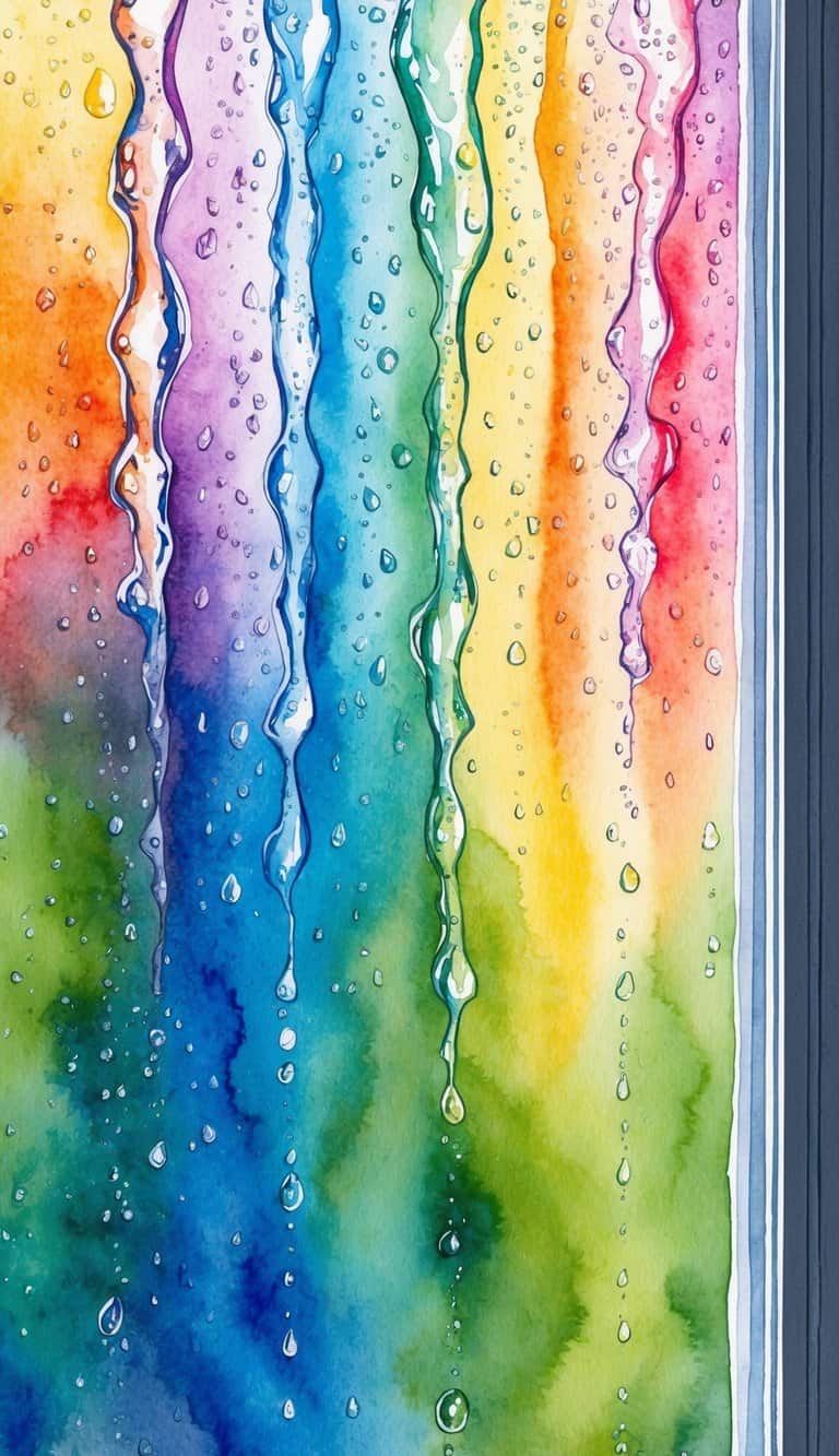 Vibrant raindrops cascade down a window, refracting light into a spectrum of colors