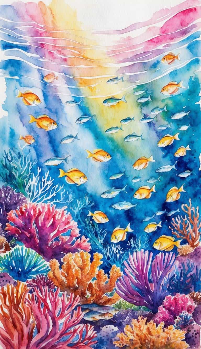 A vibrant underwater world with colorful coral, schools of fish, and a rainbow of light filtering through the water