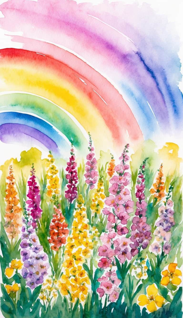 A field of colorful blossoms under a bright rainbow sky