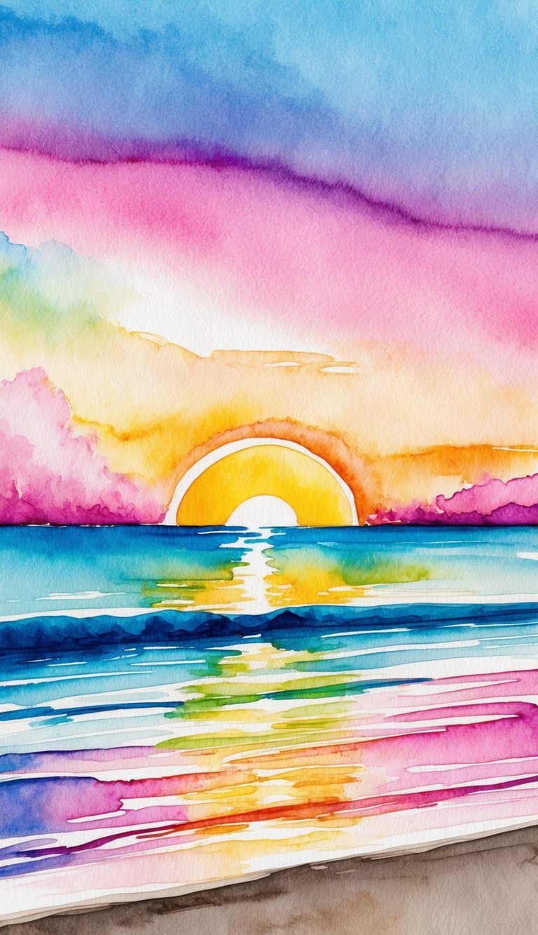 A vibrant sunset over a calm beach, with colorful rainbow hues reflecting off the water and the sky, creating a picturesque scene for an iPhone wallpaper