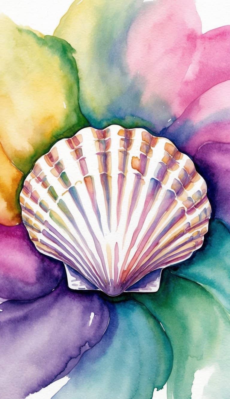An opalescent shell surrounded by 50 rainbow iPhone wallpapers