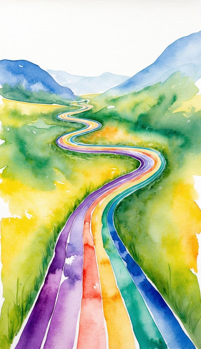 A winding pathway of rainbow-colored prisms leading into the distance