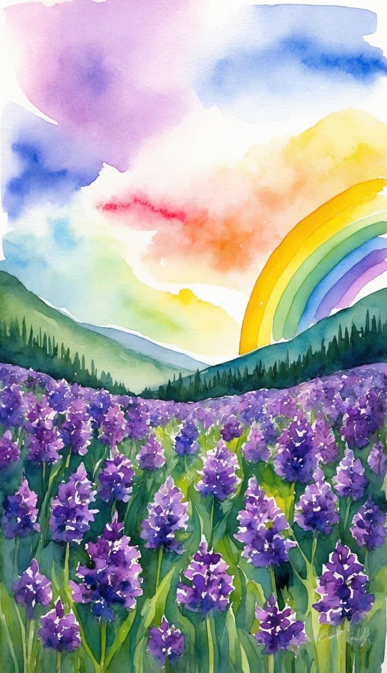A valley filled with vibrant violet flowers, surrounded by a rainbow of colors in the sky
