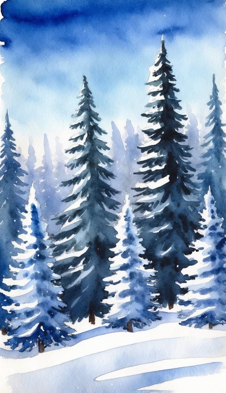 A snowy forest with frosted pine trees under a clear blue winter sky