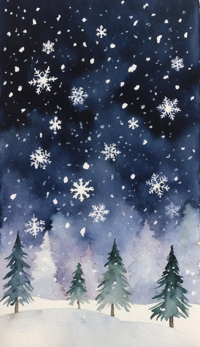 Snowflakes gently falling against a dark winter sky