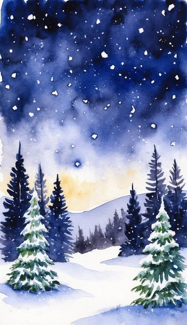 A serene winter landscape with a clear, starry night sky, snow-covered trees, and a peaceful atmosphere