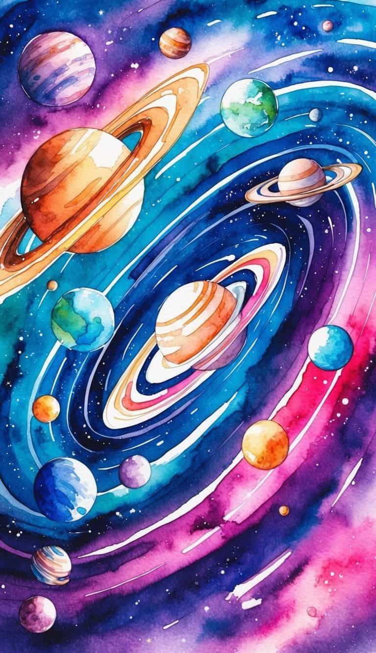 A colorful watercolor illustration depicts planets with rings and swirling cosmic patterns, resembling a stylized solar system in outer space.