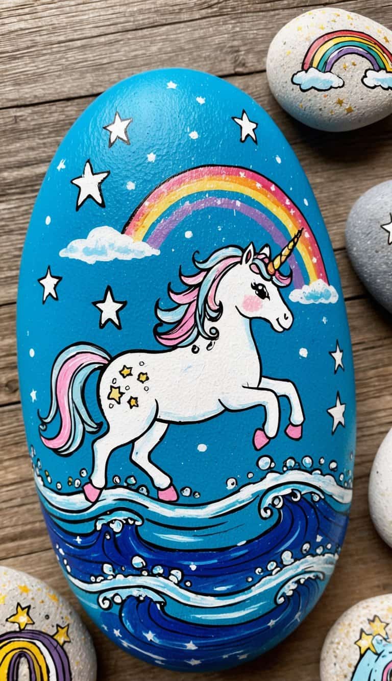 A magical unicorn galloping on ocean waves, surrounded by sparkling stars and a rainbow