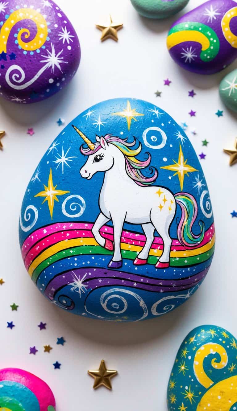 A majestic unicorn with a shimmering aura stands on a colorful rock surrounded by sparkling stars and magical swirls