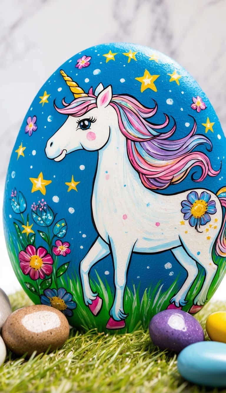 A majestic unicorn with a flowing mane and horn, surrounded by colorful flowers and sparkling stars, stands on a bed of soft green grass