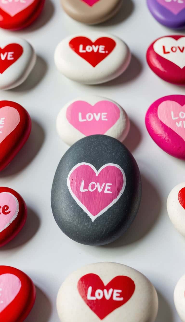 A collection of Valentine's Day painted rocks arranged on a table, featuring heart shapes, love messages, and vibrant colors