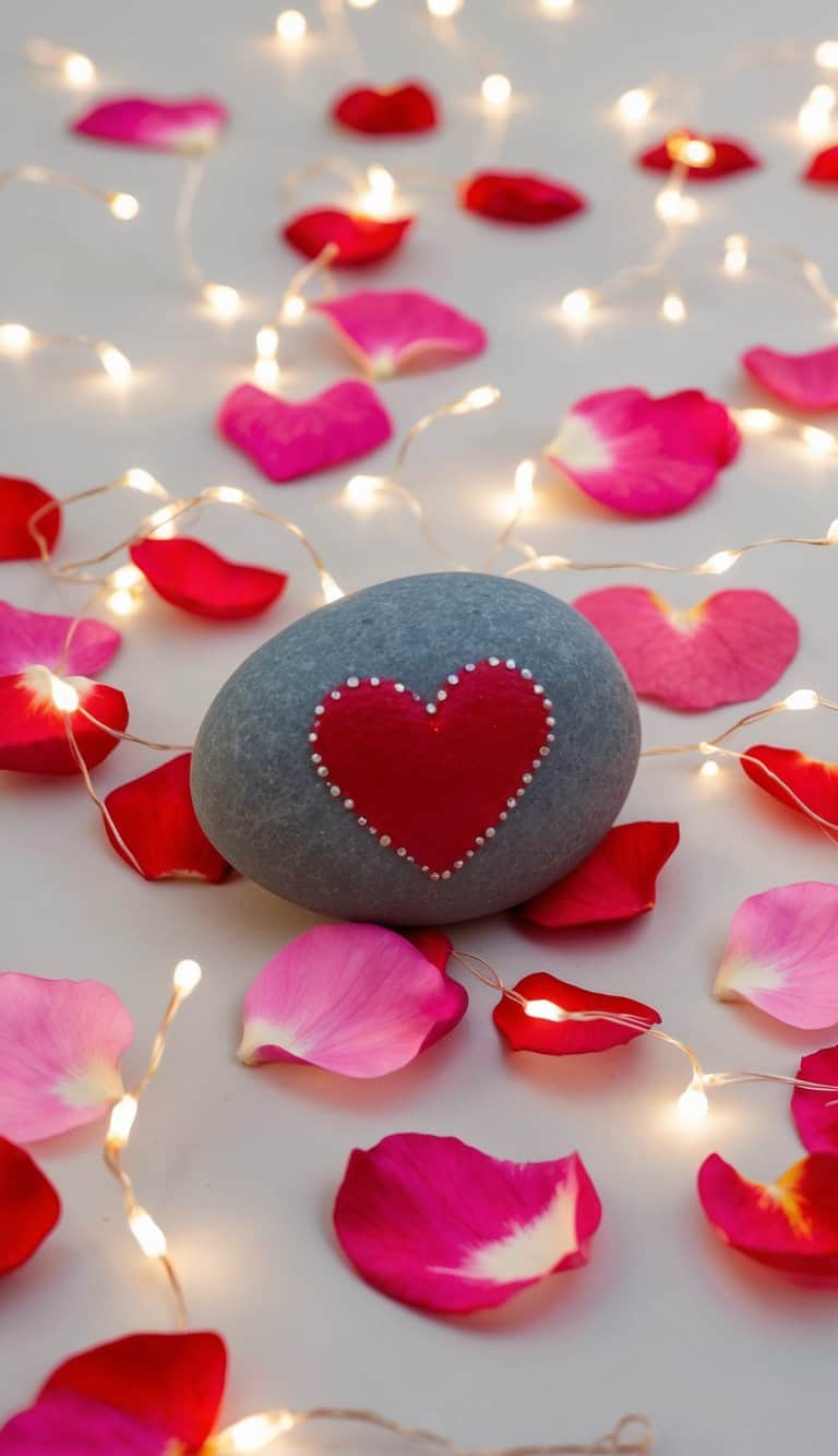 A collection of heart-shaped rocks floating in a sea of pink and red petals, surrounded by twinkling fairy lights