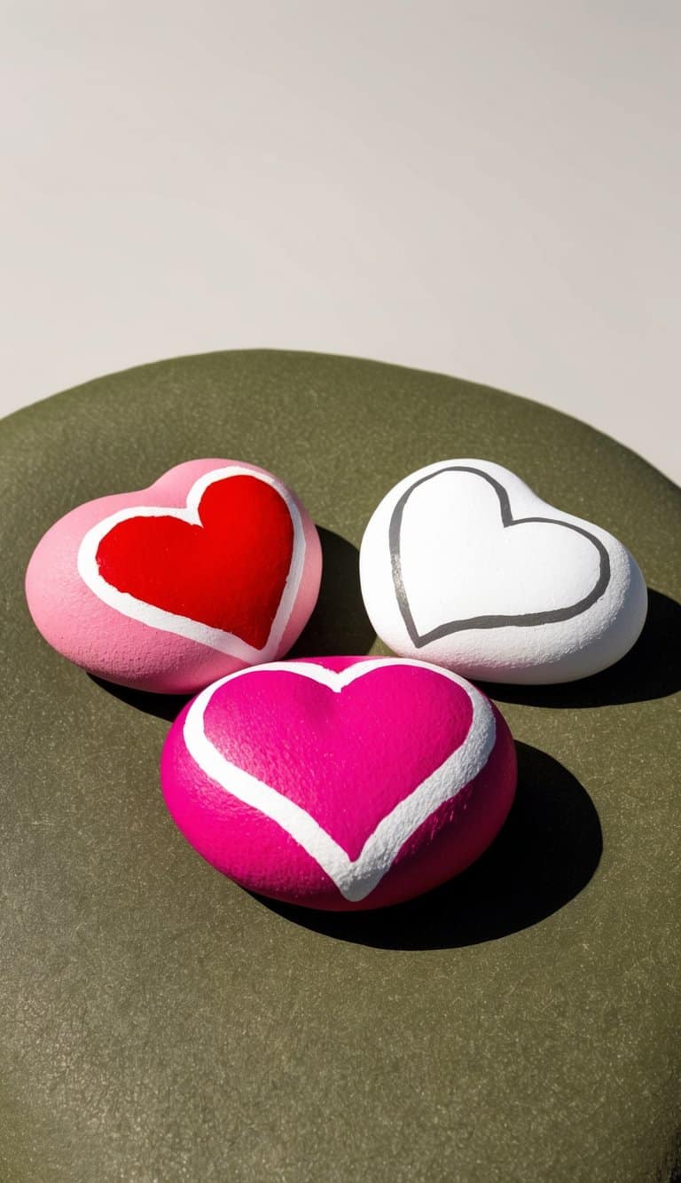 Three heart-shaped rocks painted in pink, red, and white arranged on a grassy surface