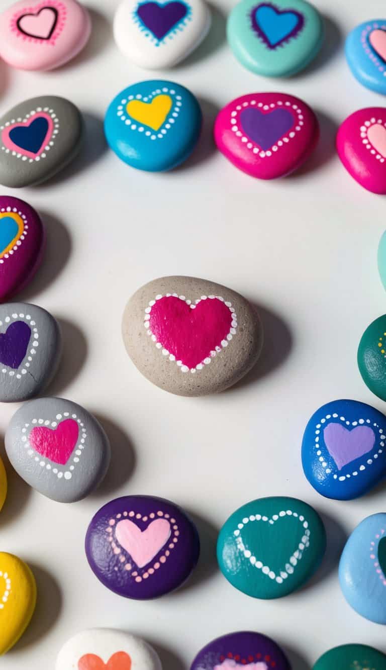 A collection of colorful painted rocks with heart designs, arranged in a heart shape on a table