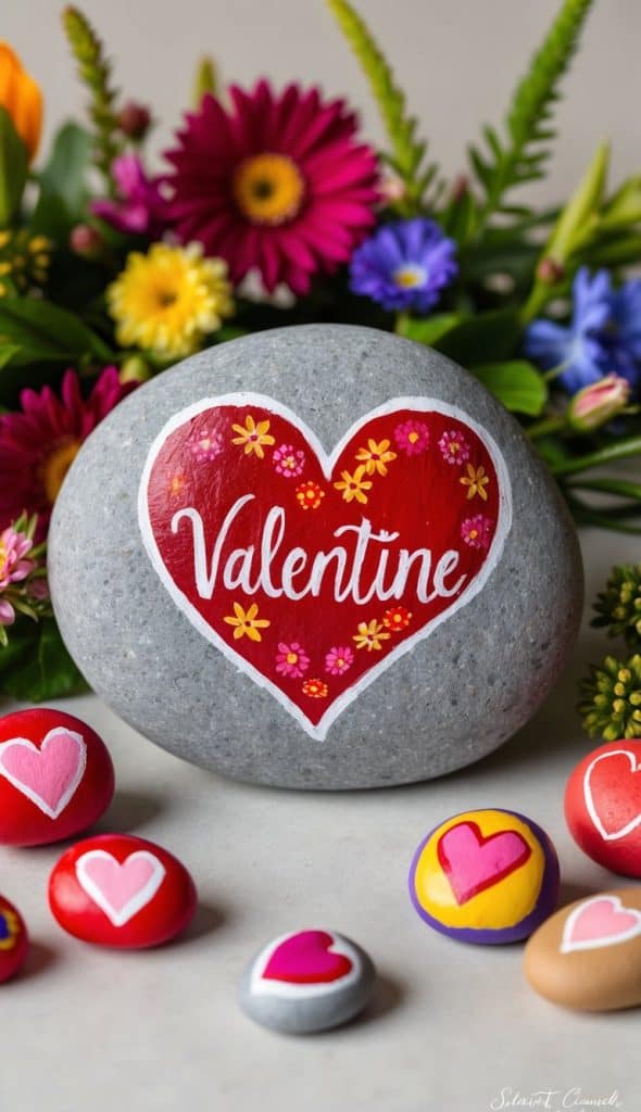 A gray stone with a red heart and "Valentine" painted on it, surrounded by colorful flowers and small painted stones with heart designs.