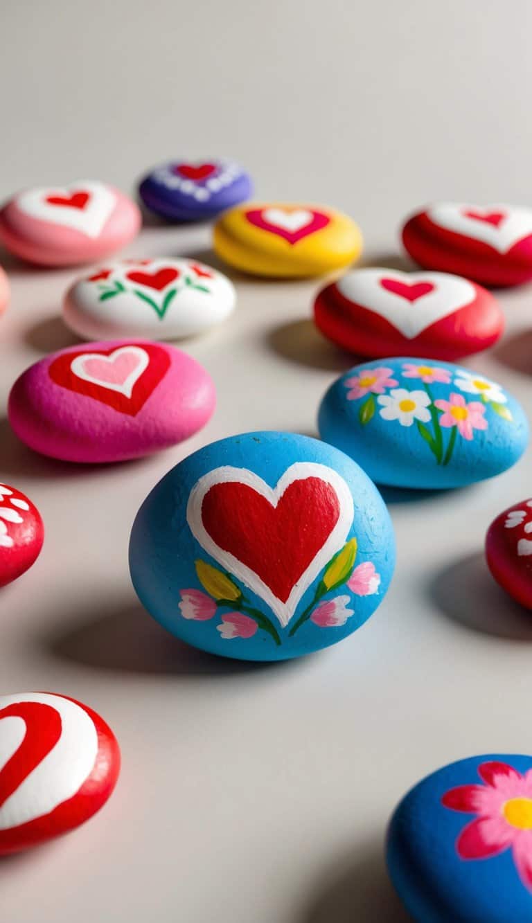 A collection of colorful Valentine-themed painted rocks arranged on a table, featuring hearts, flowers, and love-themed designs