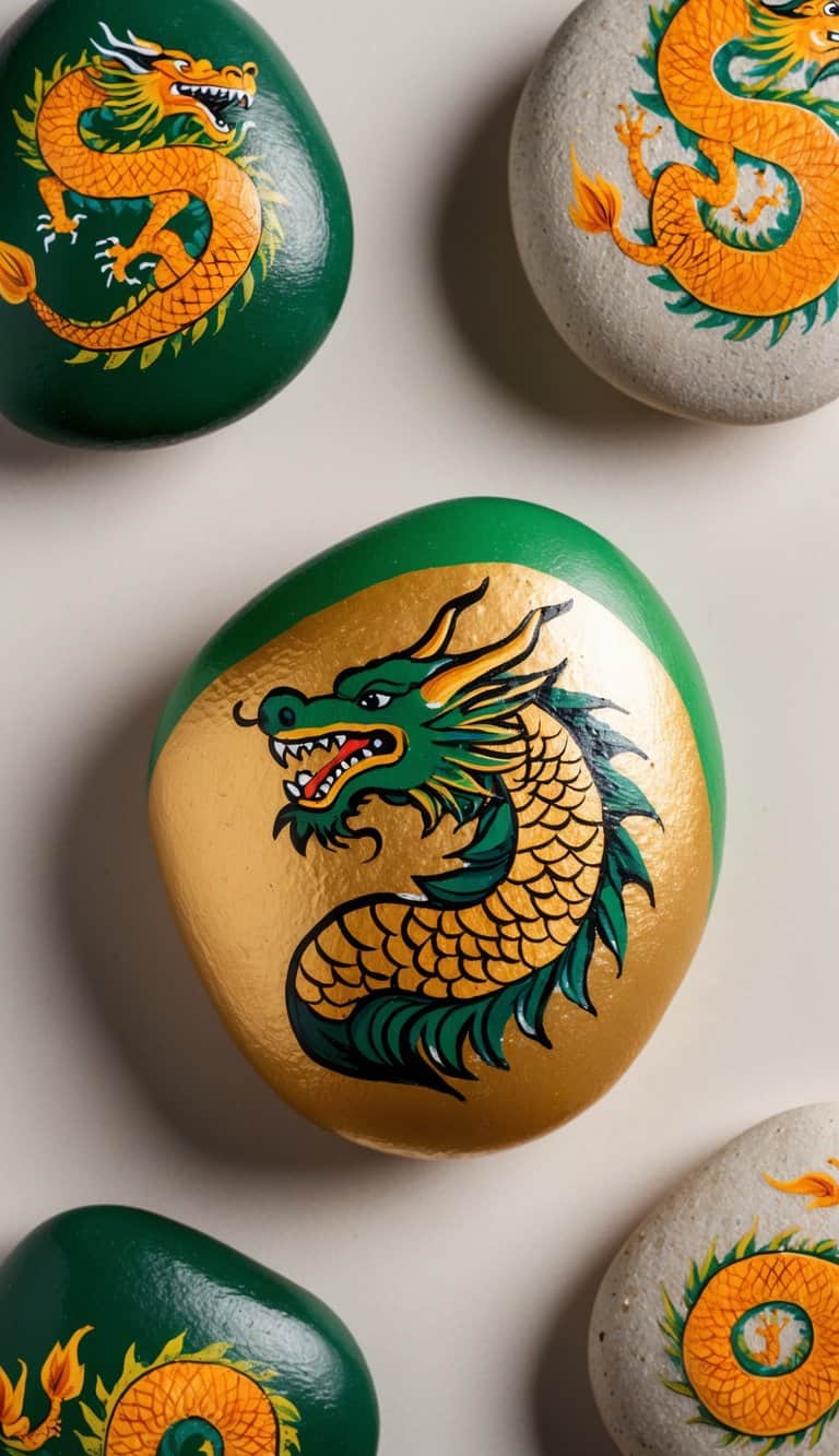 A majestic dragon painted on a golden and green rock, surrounded by other dragon-themed painted rocks