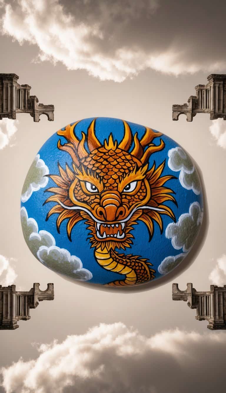 A majestic dragon with intricate scales and fierce eyes, surrounded by swirling clouds and ancient ruins