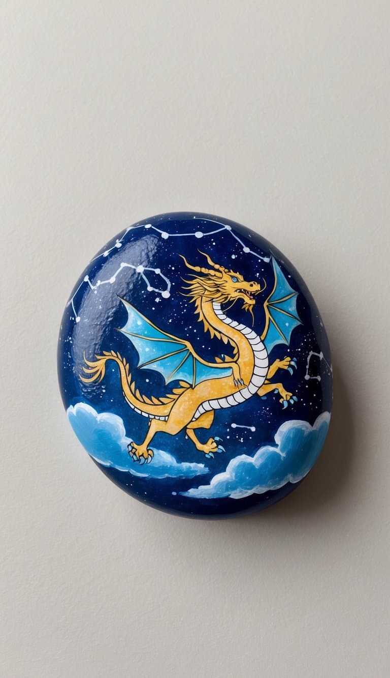 A majestic celestial dragon flying among a starry night sky, surrounded by shimmering constellations and cosmic clouds