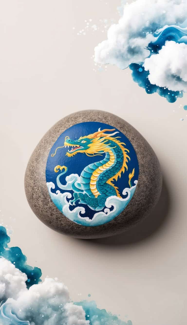 A majestic dragon painted on a rock, surrounded by swirling clouds and shimmering watercolor effects