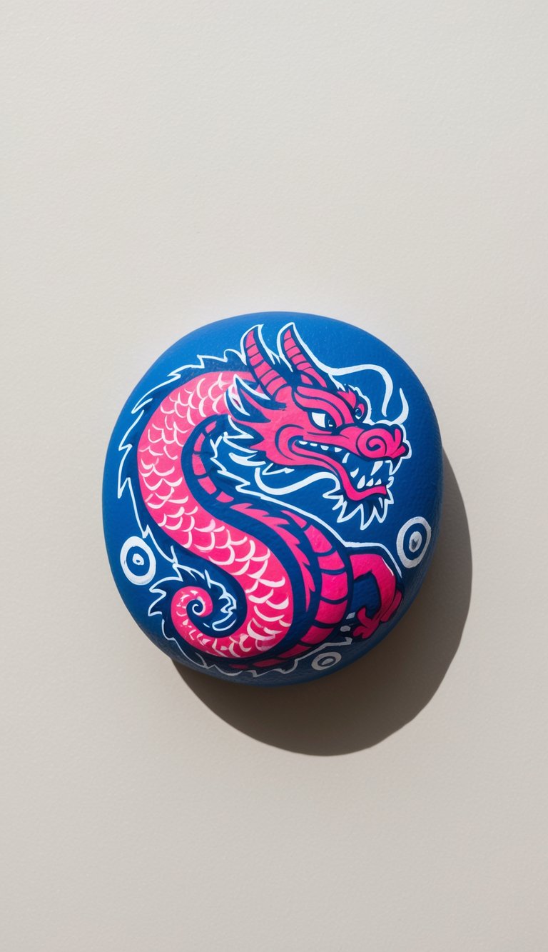 A vibrant blue and pink dragon painted on a rock, with swirling patterns and fierce eyes