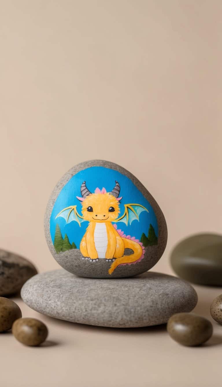 A fluffy, cute dragon sits on a rocky perch, surrounded by mythical charm