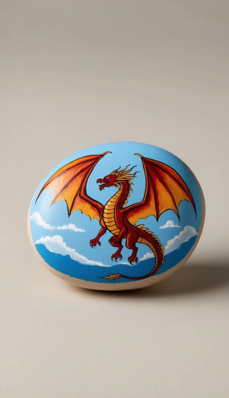 A majestic dragon soars through the sky, its powerful wings outstretched as it unleashes mythical charm