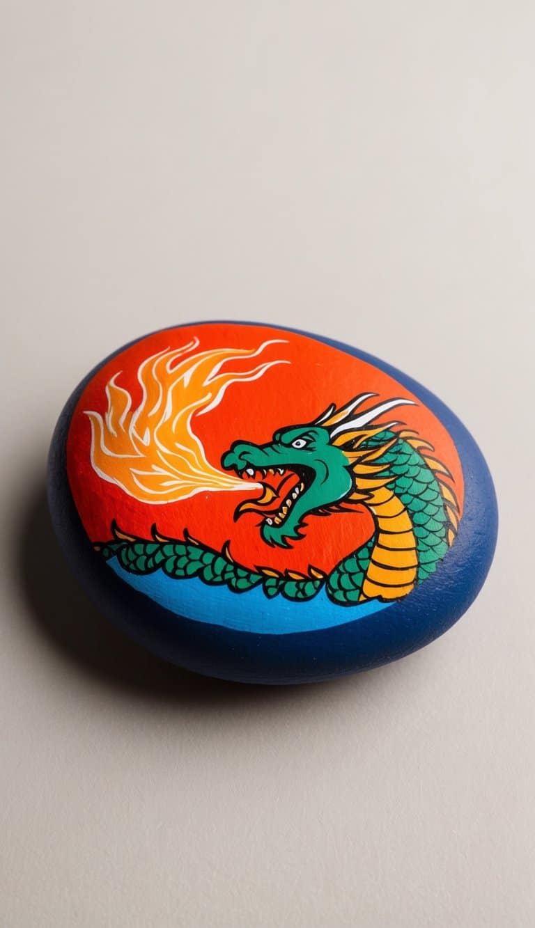 A retro dragon breathing flames onto a painted rock