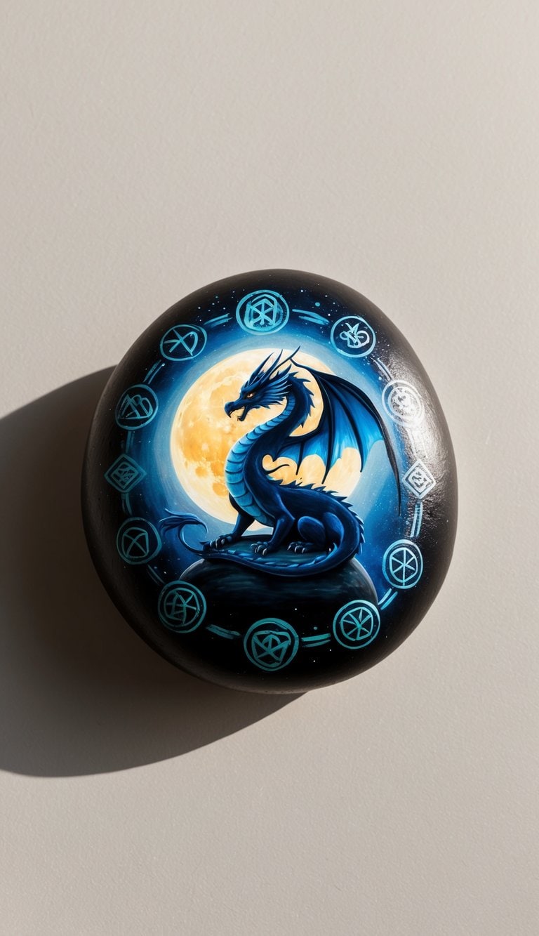 A majestic dragon perched on a moonlit stone, surrounded by mystical symbols and glowing with otherworldly charm