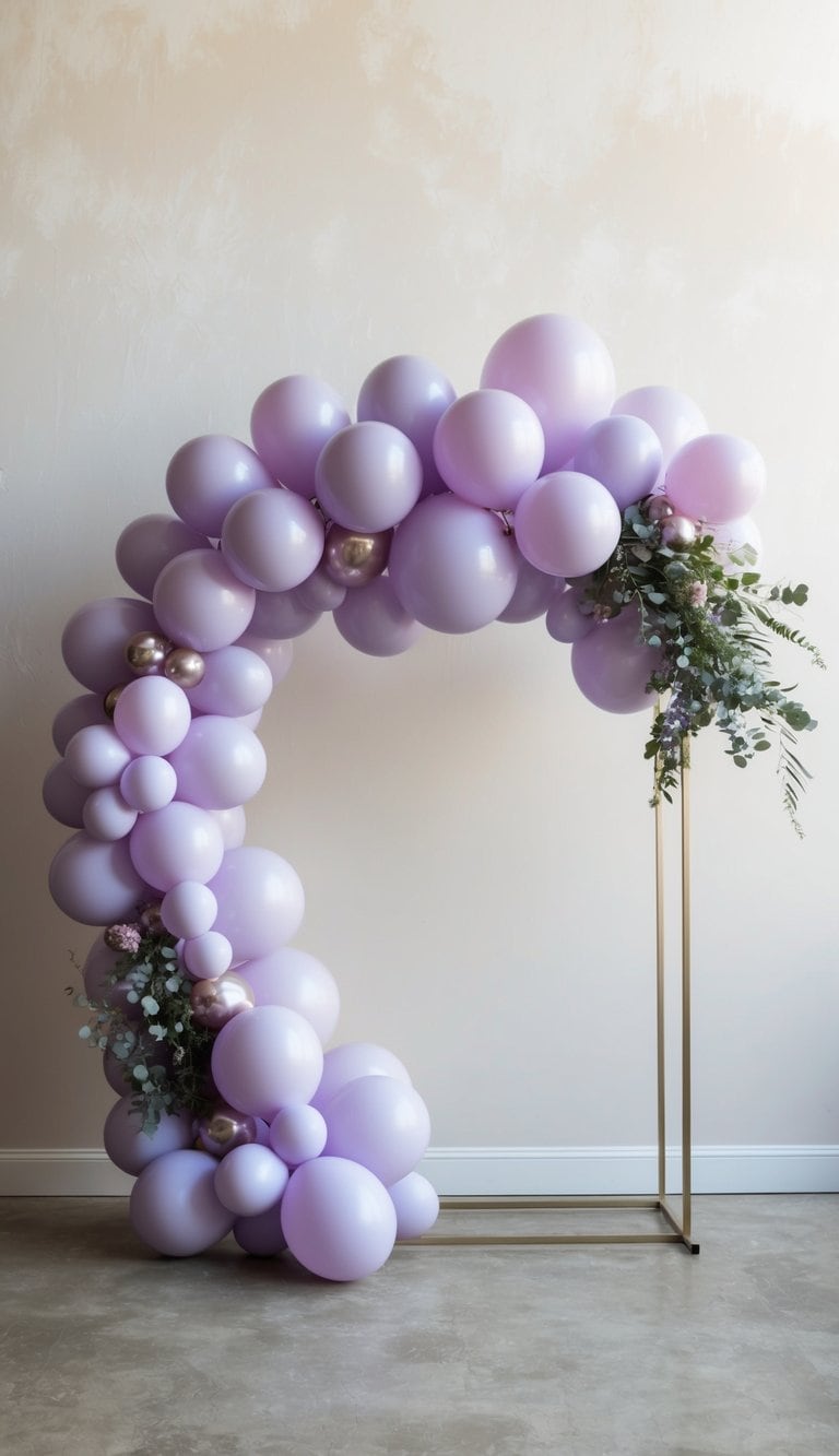 A pastel lavender balloon arch floats gracefully against a soft, dreamy backdrop