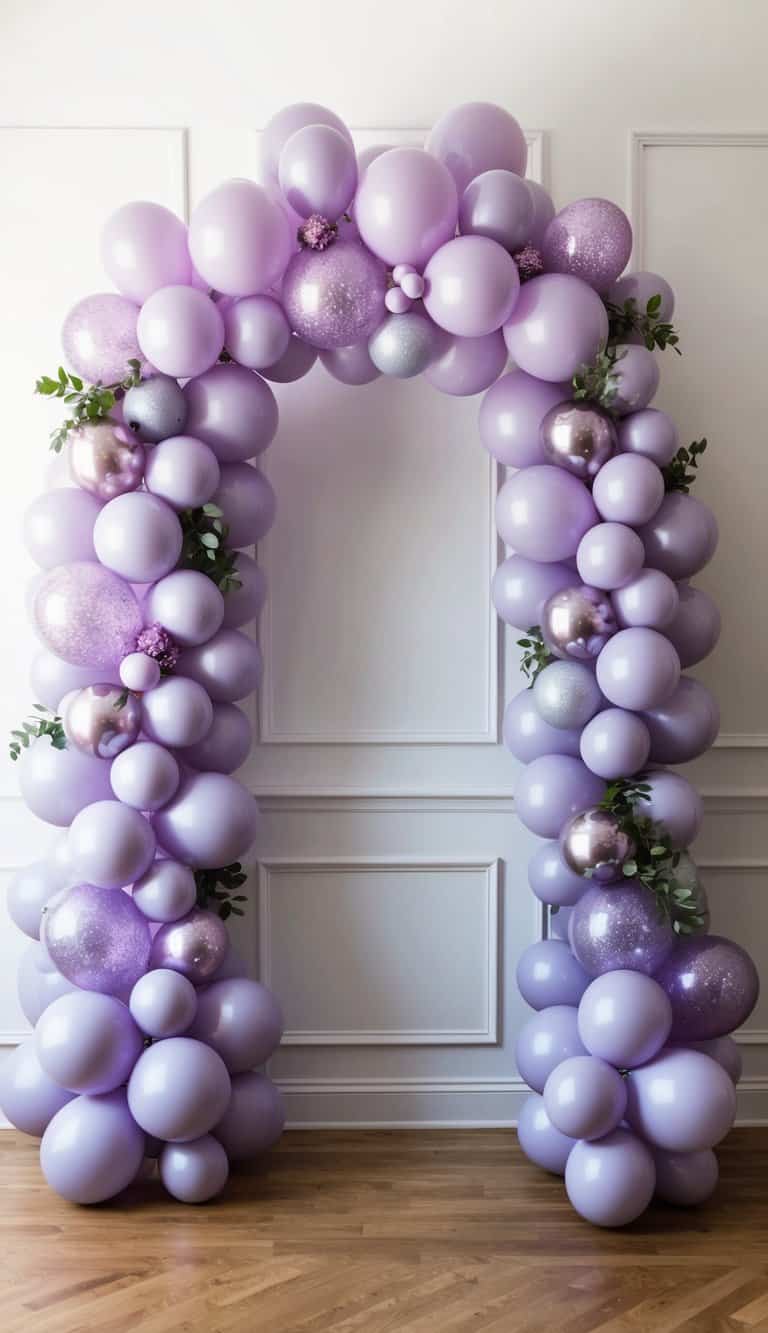 A glamorous lavender balloon arch adorned with glitter accents