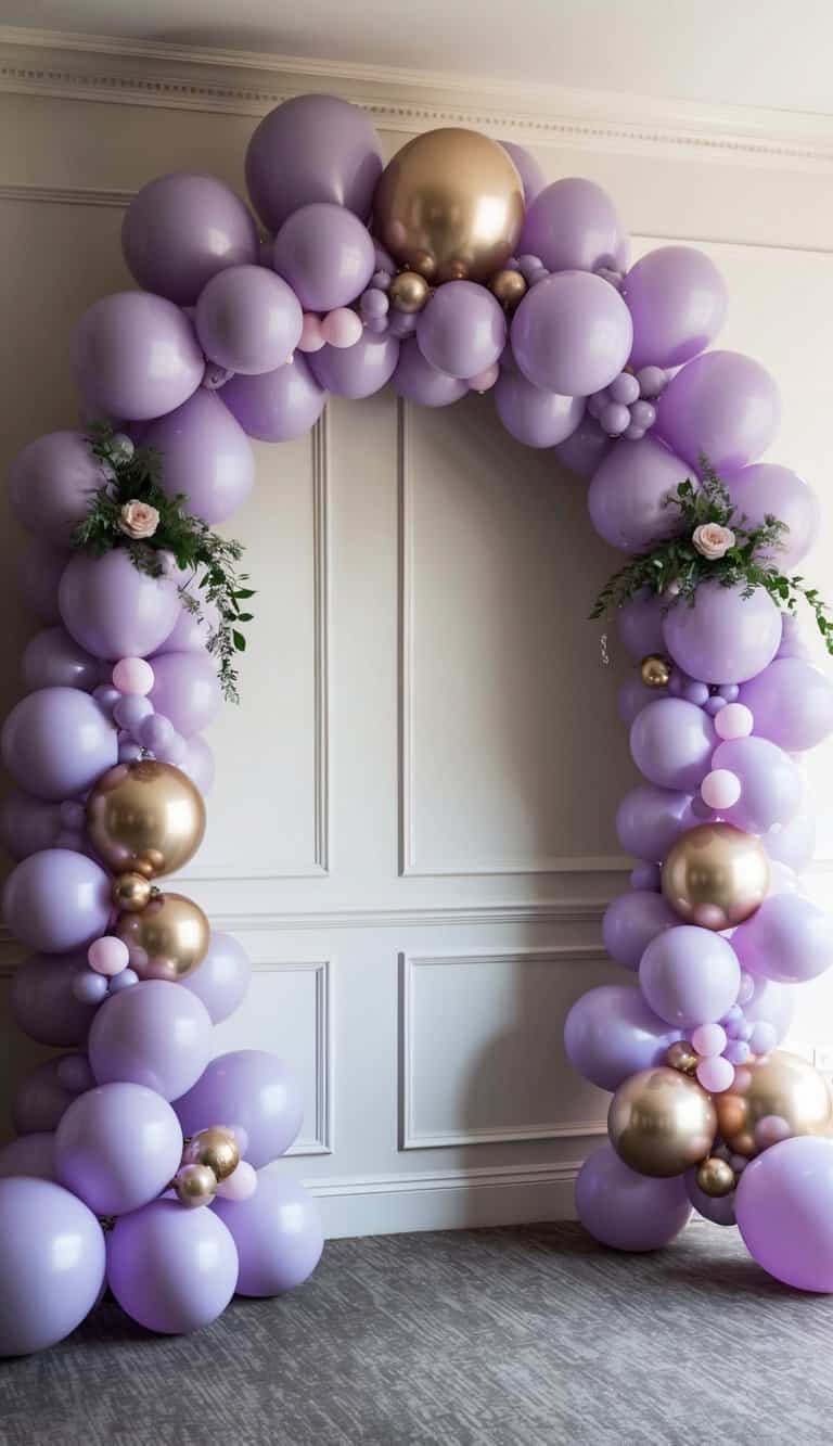 A lavish event with a grand lavender balloon arch and champagne accents