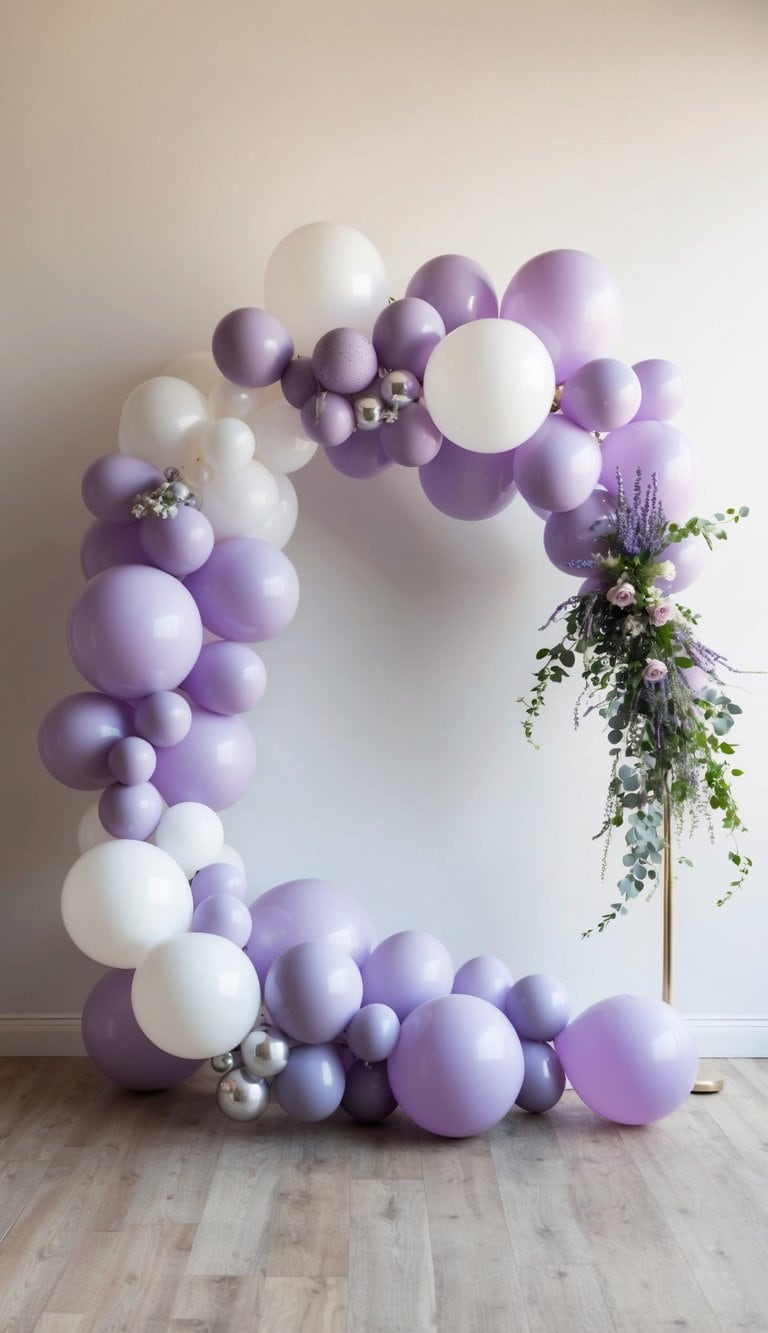 A lavender and white balloon arch floats against a soft background