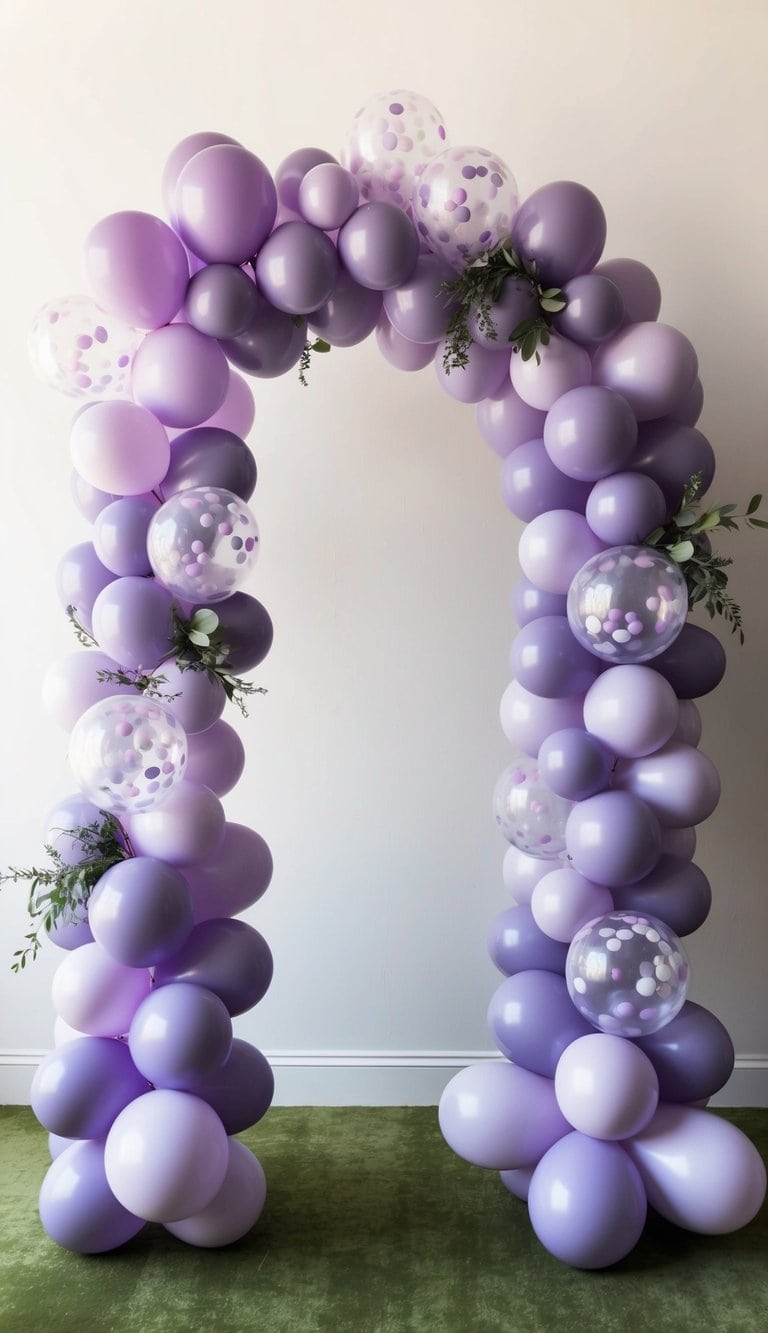 A whimsical balloon arch in shades of lavender, adorned with confetti balloons, creating a dreamy and enchanting atmosphere
