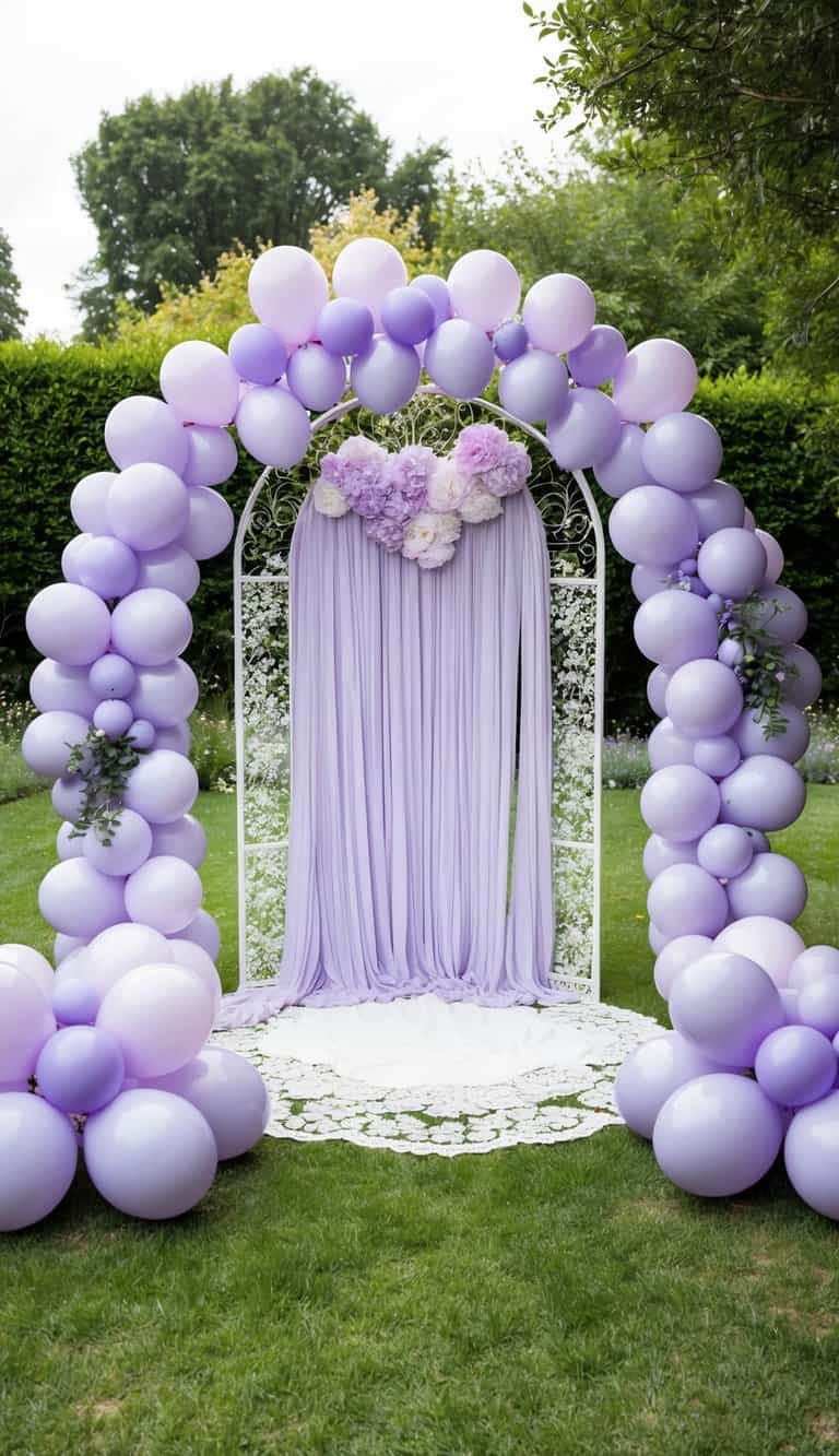 A garden adorned with a delicate lavender lace arch, surrounded by 50 lavender balloon arches, creating a dreamy and romantic atmosphere