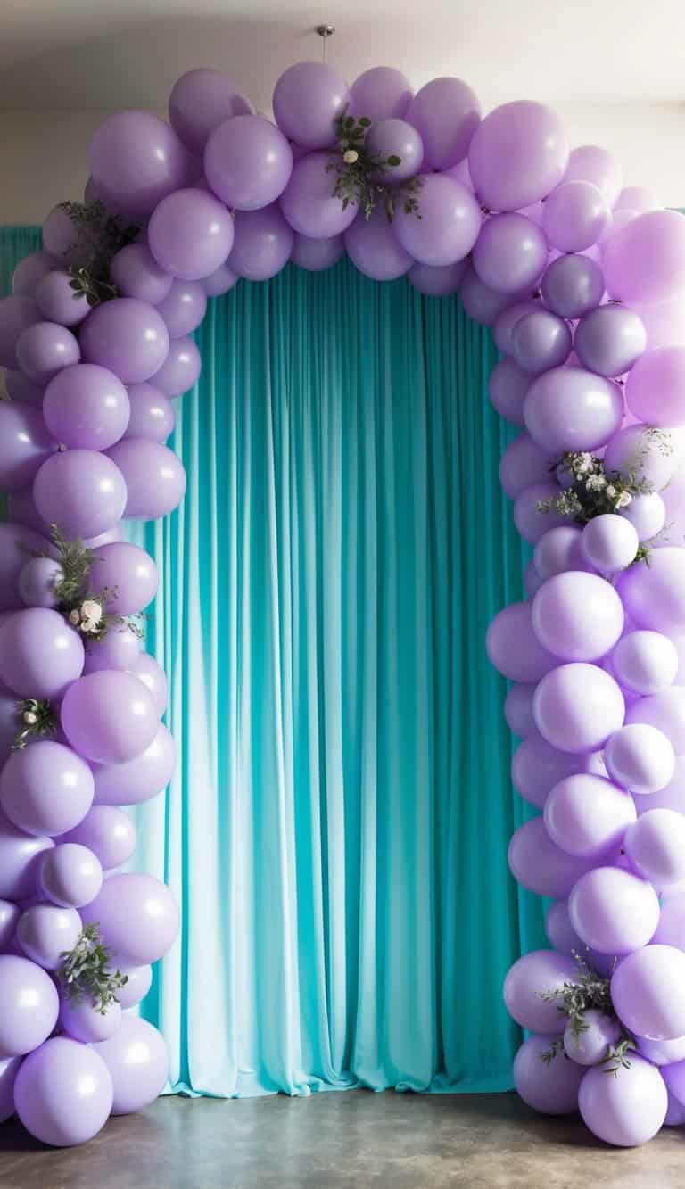 A whimsical lavender balloon arch cascades over a turquoise backdrop, creating a dreamy and enchanting setting