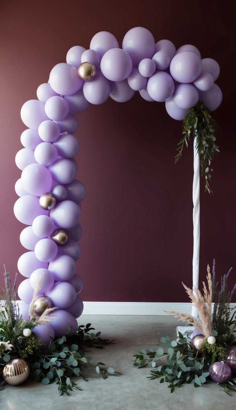 A charming lavender balloon arch stands against a maroon backdrop, creating a dreamy and whimsical atmosphere