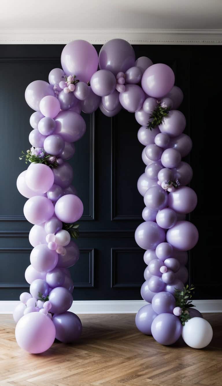A grand lavender balloon arch stands against a noir backdrop, evoking a sense of glamour and dreamy elegance