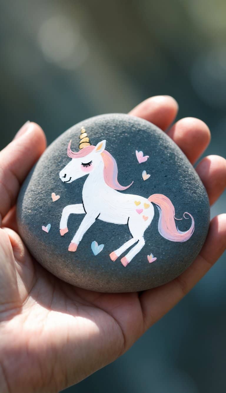 A hand holding a smooth river rock painted with a simple unicorn design.