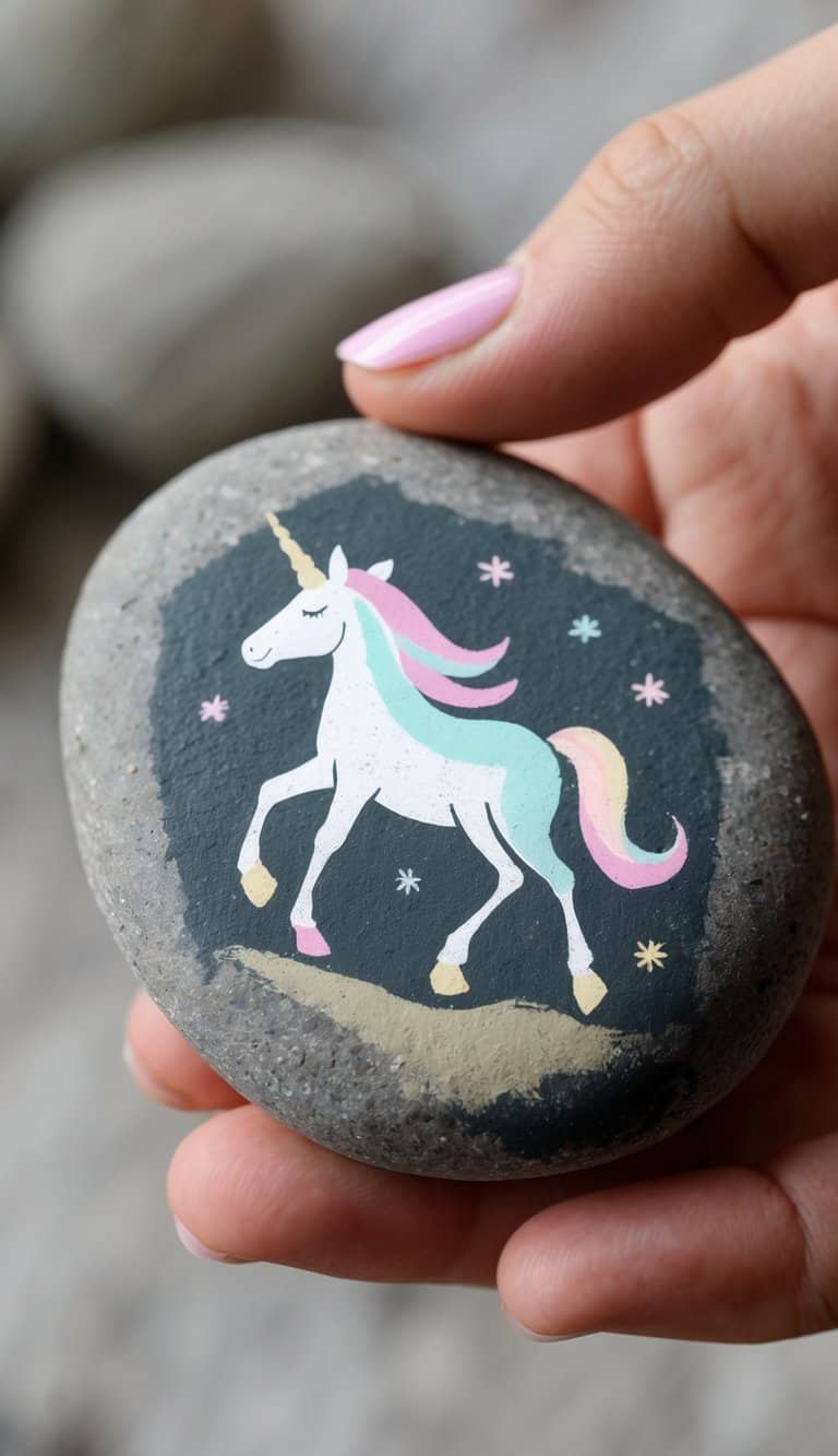 A hand holding a smooth river rock painted with a simple unicorn design.