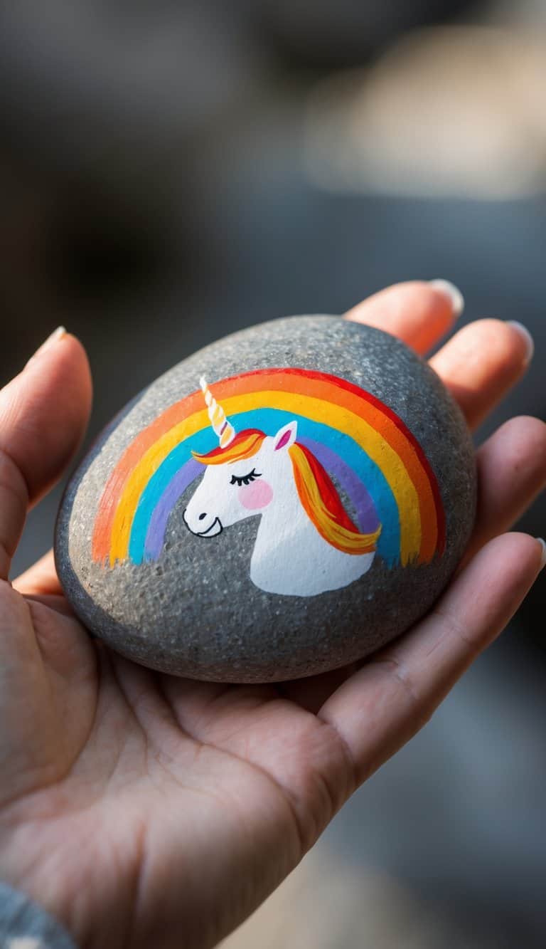 A hand holding a smooth river rock painted with a unicorn and rainbow design.