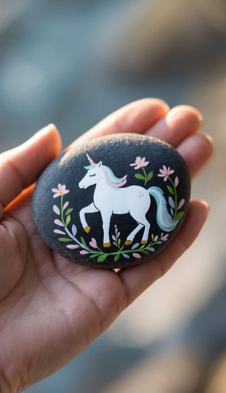 A hand holding a smooth river rock painted with a white unicorn and colorful flowers.