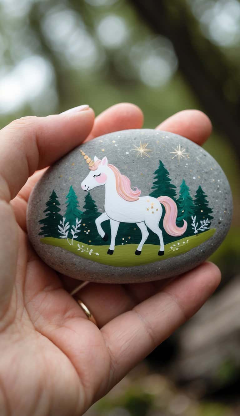 A hand holding a smooth painted rock with a unicorn and forest design.