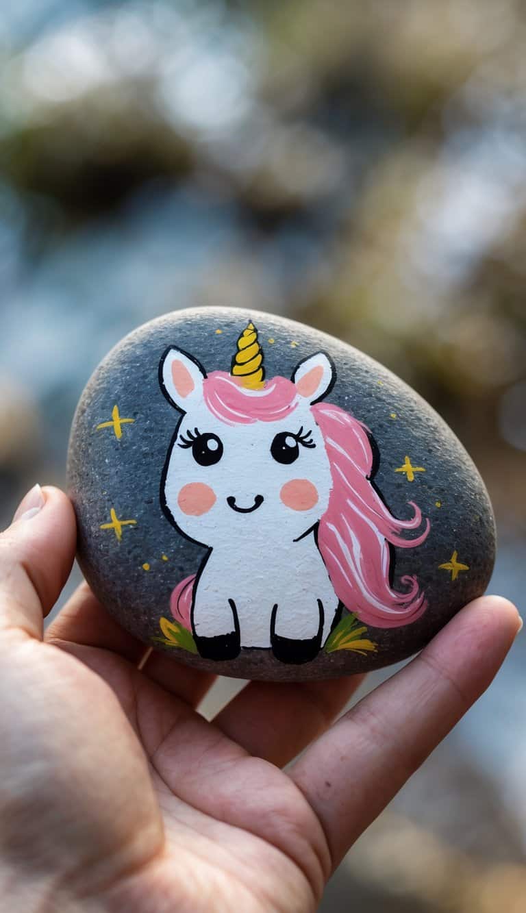 A hand holding a smooth river rock painted with a colorful unicorn design.