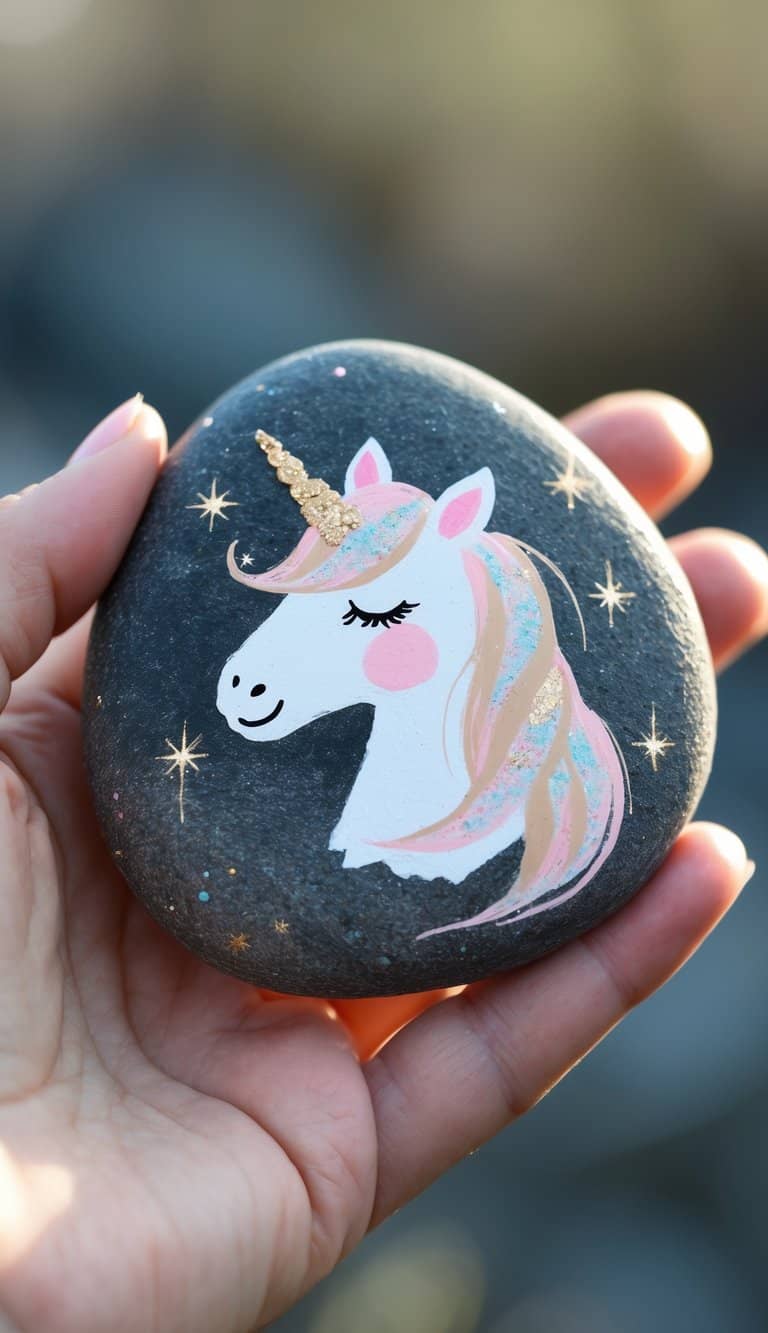 A hand holding a smooth river rock painted with a unicorn design.