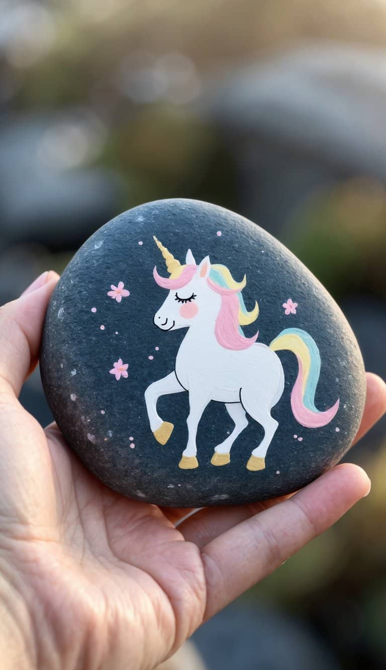 A hand holding a smooth river rock painted with a unicorn design.