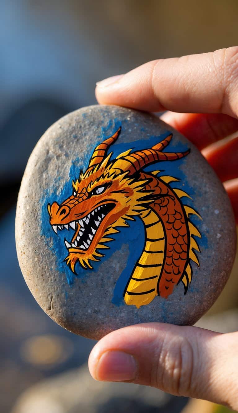 A hand holding a smooth river rock painted with a dragon head design.