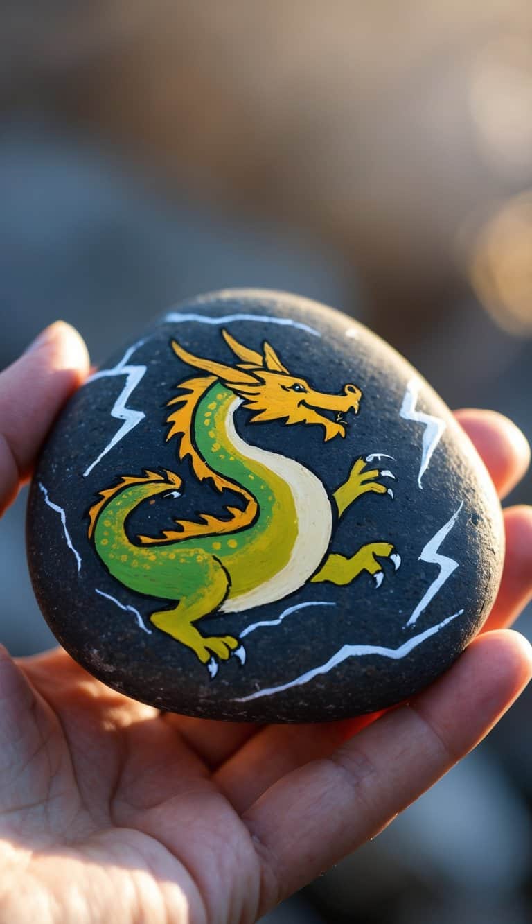 A hand holding a smooth river rock painted with a dragon and lightning design.