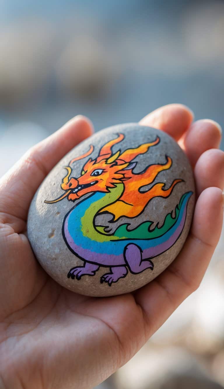 A hand holding a smooth river rock painted with a dragon breathing rainbow flames.